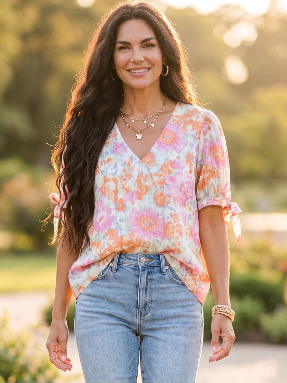 Petal Dew Floral V-Neck Blouse in Peach, Pink & Lavender